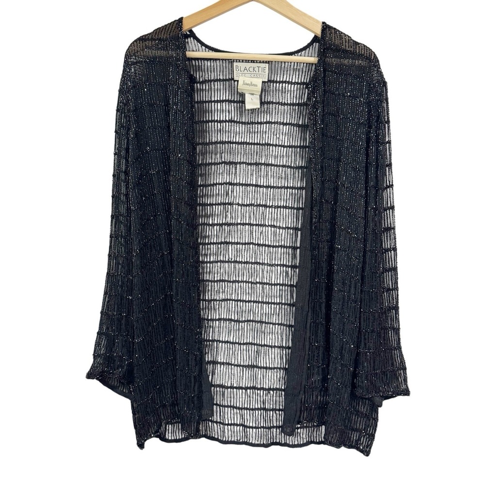 80's Vintage Oleg‎ Cassini Black Tie Silk Beaded Jacket Cardigan Women Large